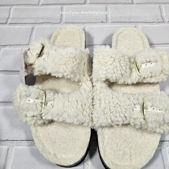 New Womens Auden Faux Fur Tan Open Toe Slippers Size 8 Color cream warm sandal - Picture 5 of 10